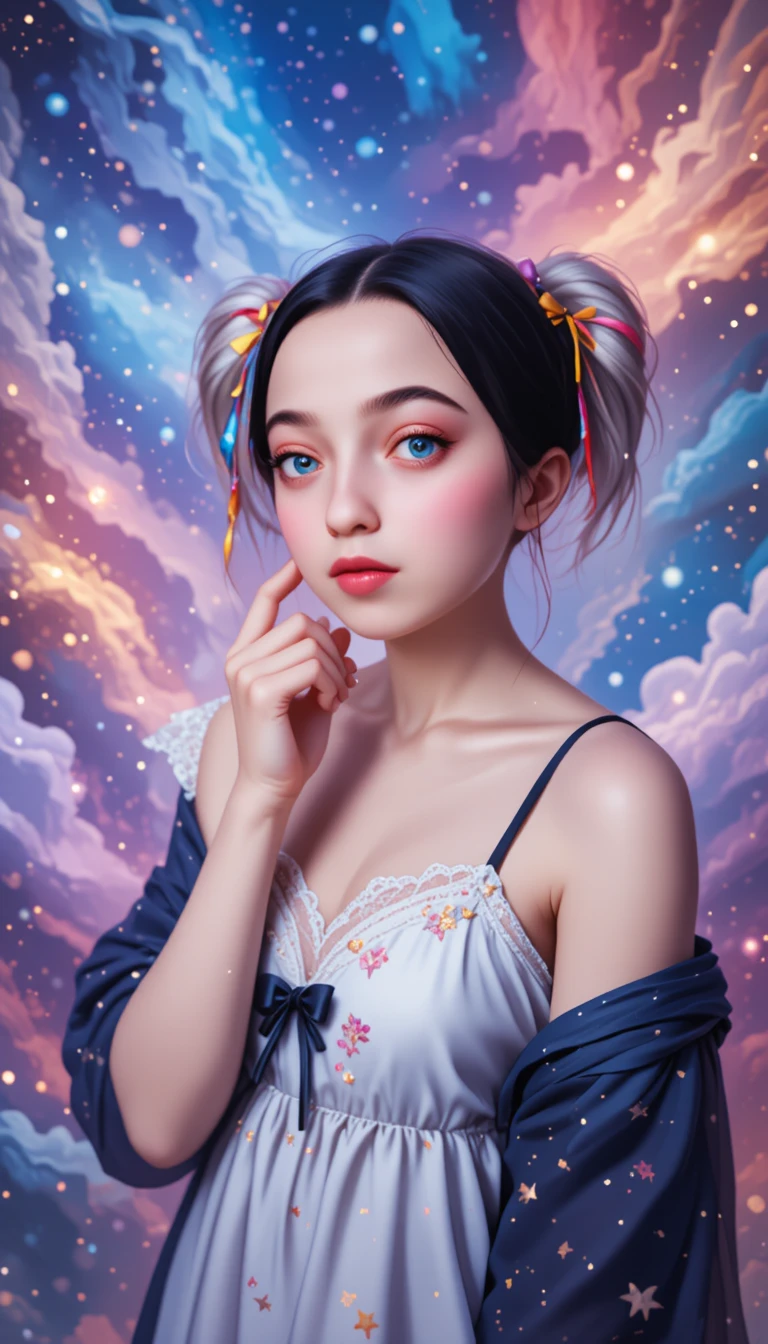 Anime girl in starry robe against glowing cosmic nebula