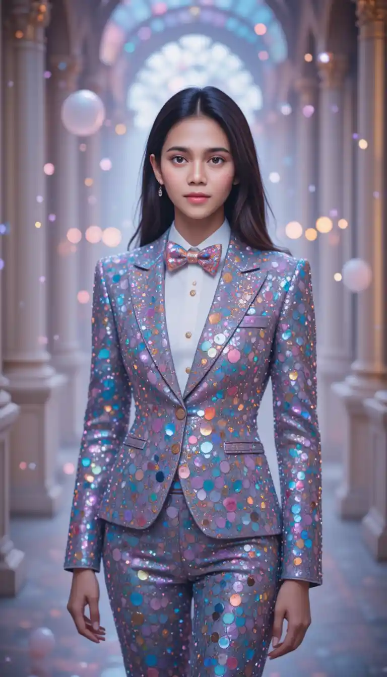 Elegant woman in sequin suit in dreamy classical interior