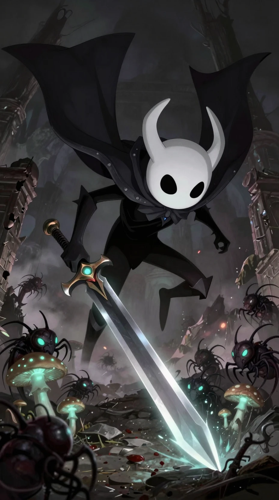 Armored insect knight leaping through glowing ruins
