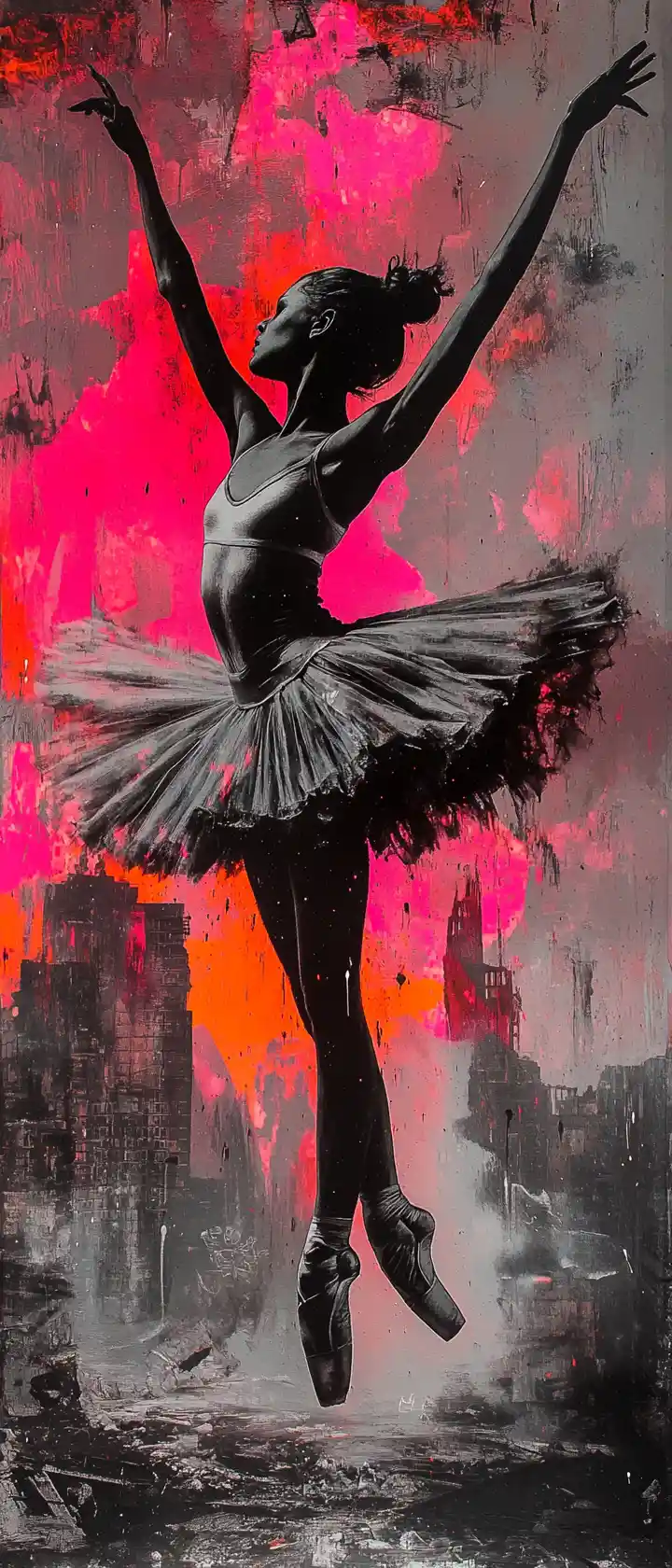 Young ballerina spinning in a ruined monochrome city street