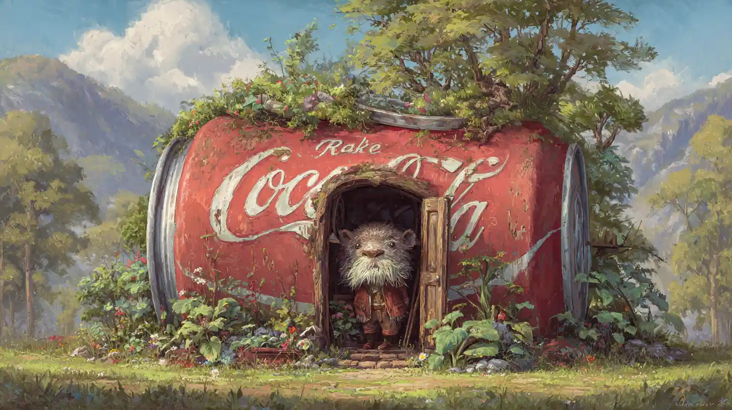 Vintage cola can home with bearded creature and garden