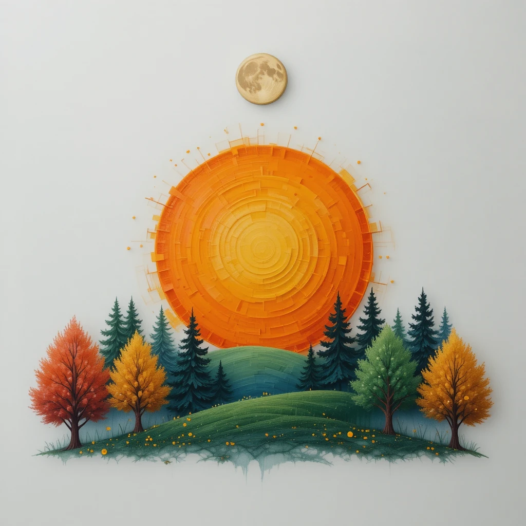 Bunter Waldsonnenuntergang mit Sonne unten und Mond oben