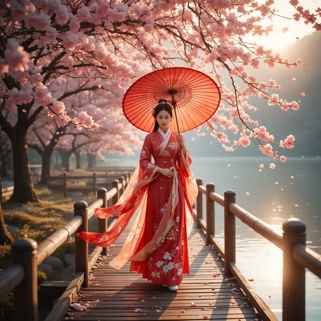 身穿紅色漢服、撐傘漫步湖畔的女子