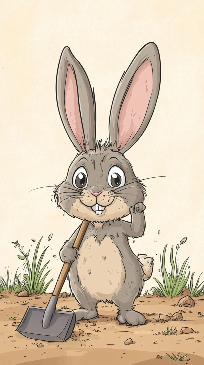 Lapin cartoon creusant avec une pelle sous la chaleur