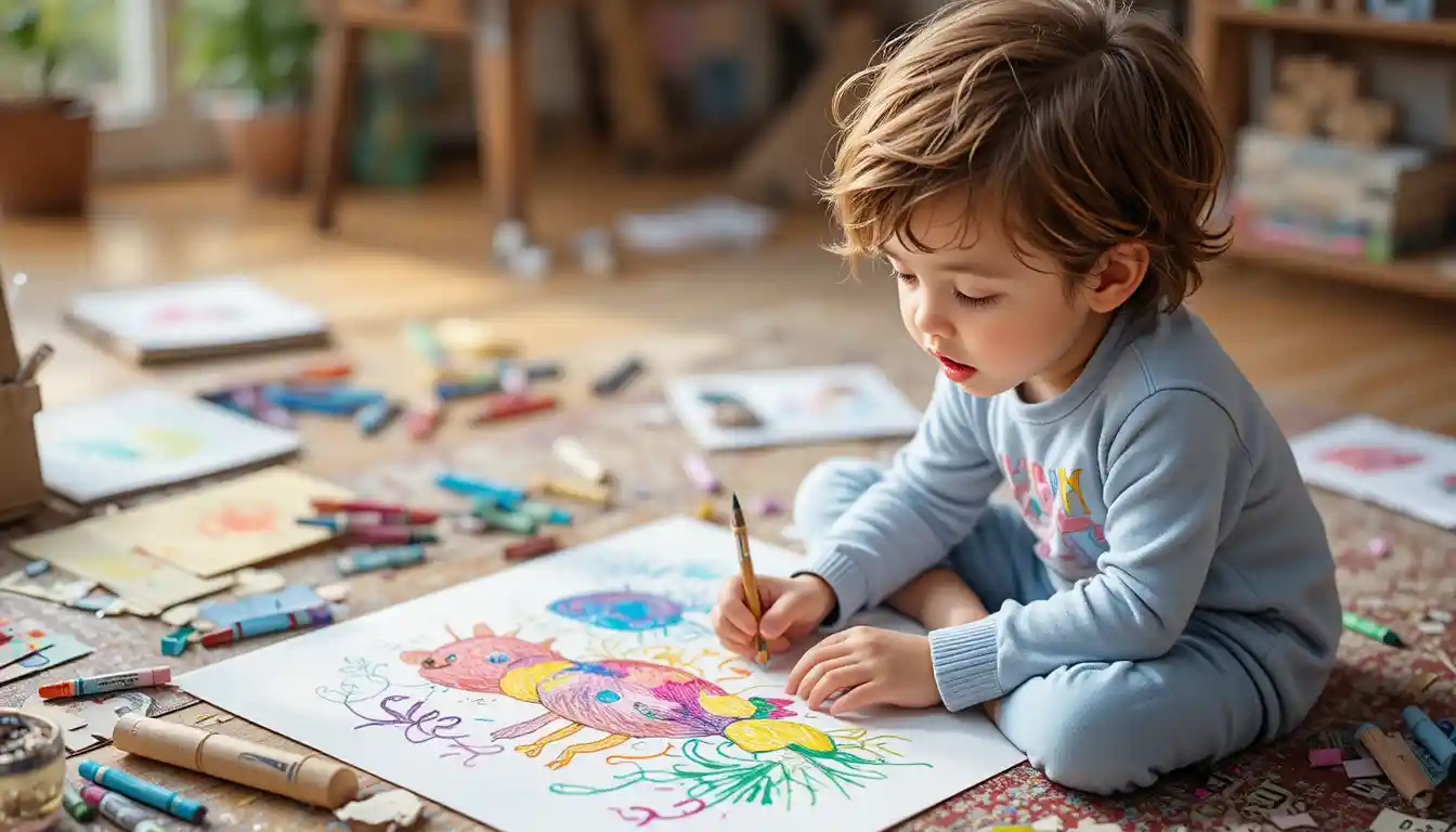 Criança desenhando uma criatura fantástica com giz de cera colorido