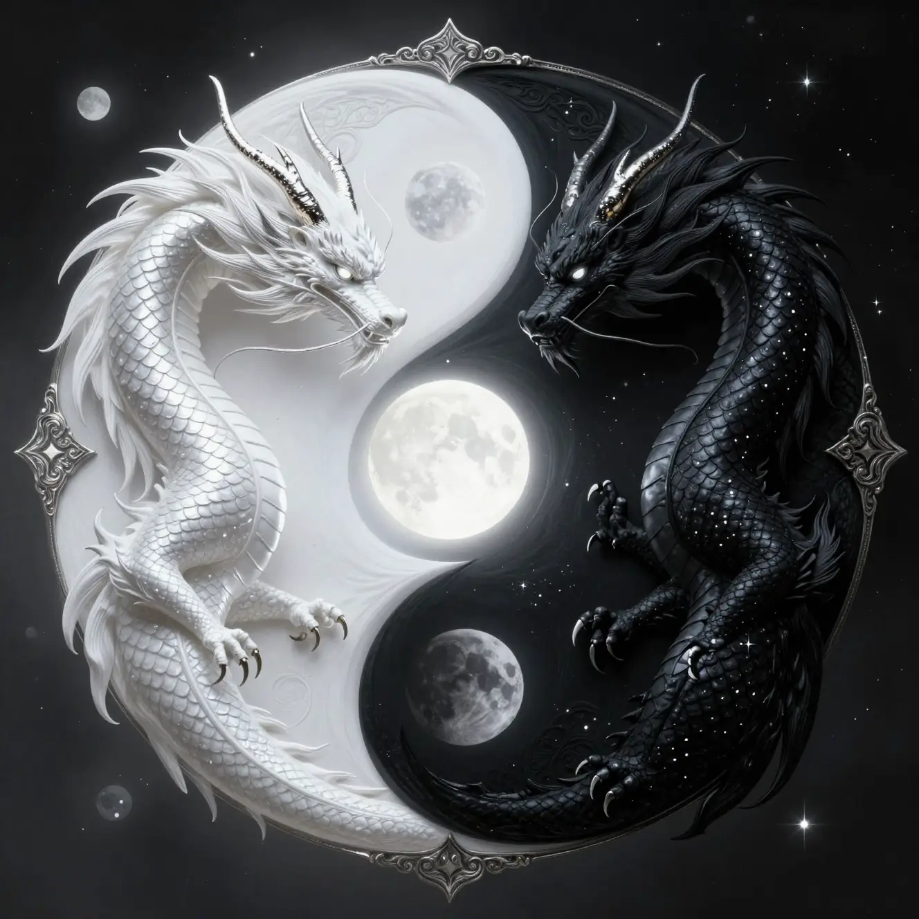 Dual dragons forming a luminous yin yang under moonlight