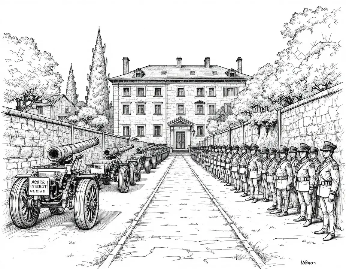Military trucks passing through an armed checkpoint near a villa