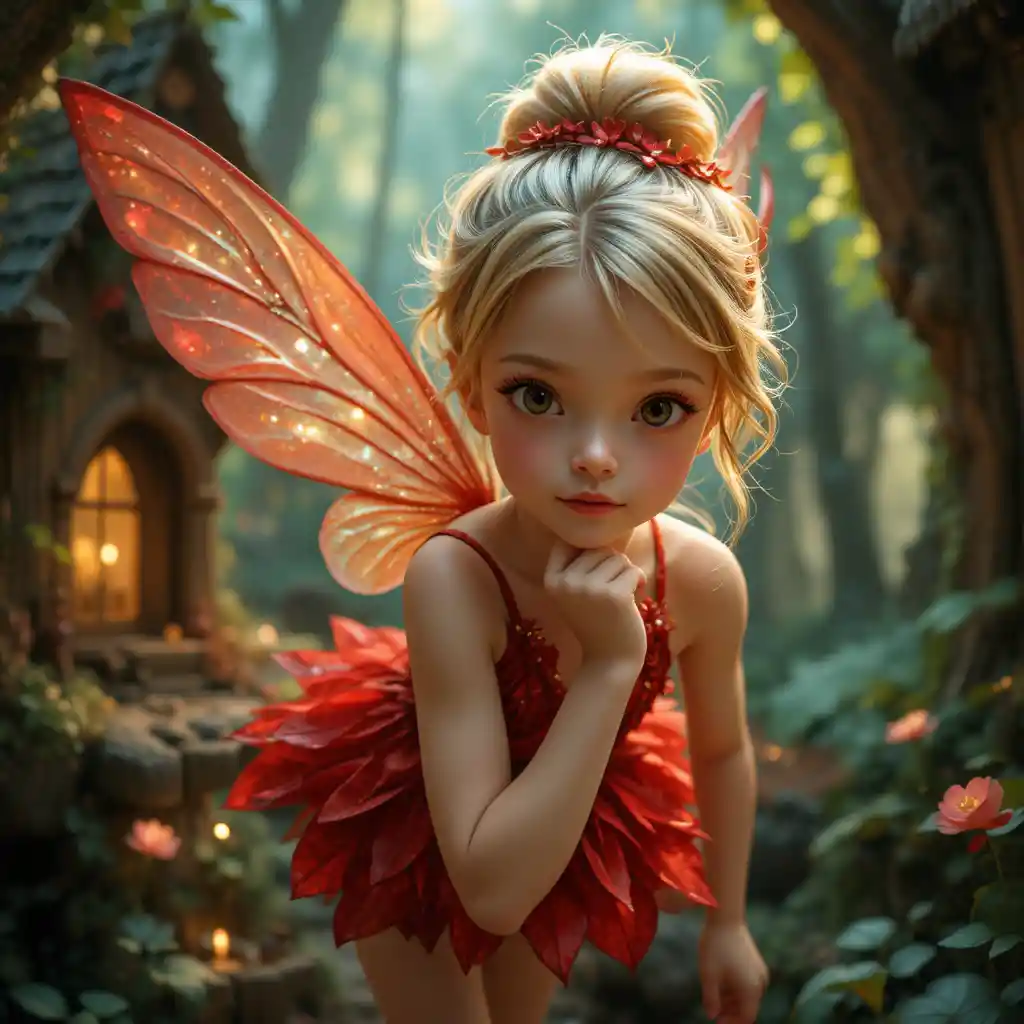 Blonde pixie girl in red leaf dress flying in treehouse