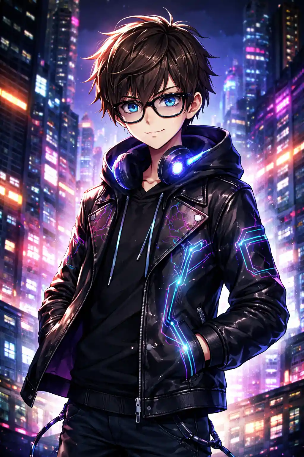Ragazzo anime in città cyberpunk al neon con giacca luminosa