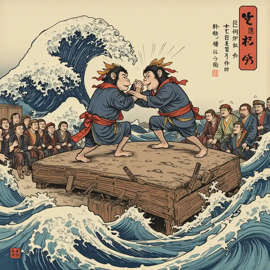 Deux singes faisant un combat de sumo dans une scène côtière ukiyo-e