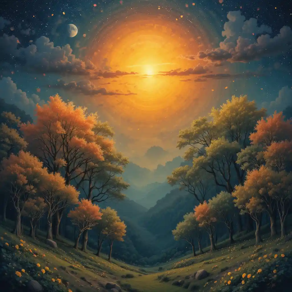 下有夕陽、上有明月的繽紛森林黃昏