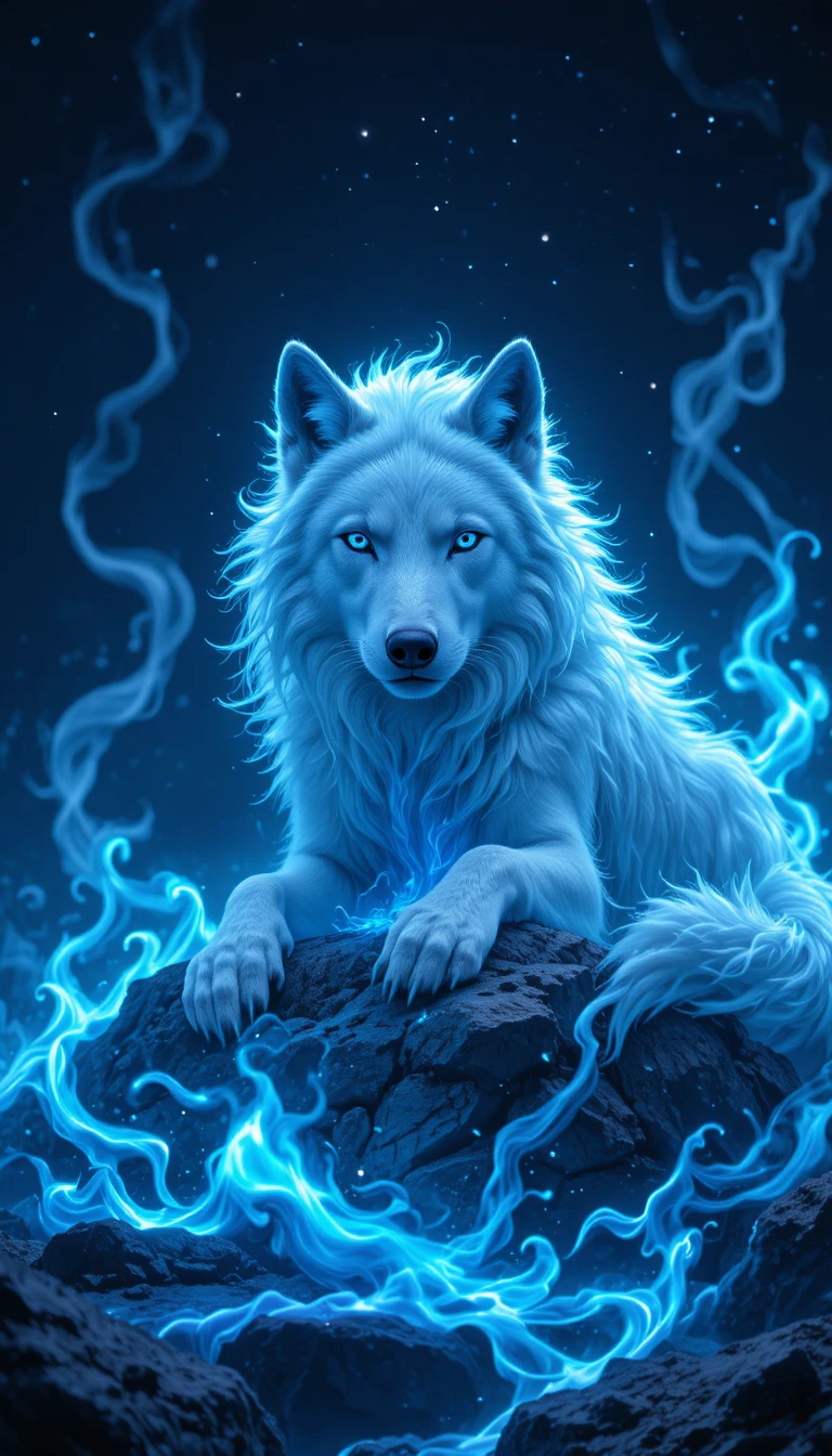 Lobo branco no vazio cósmico com chamas azuis em espiral