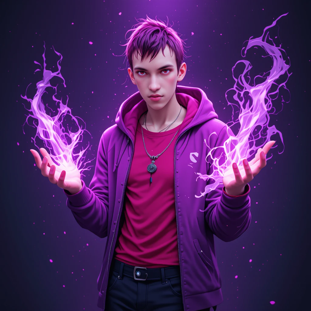 Feiticeiro de anime com cabelo magenta e olhos vermelhos brilhantes