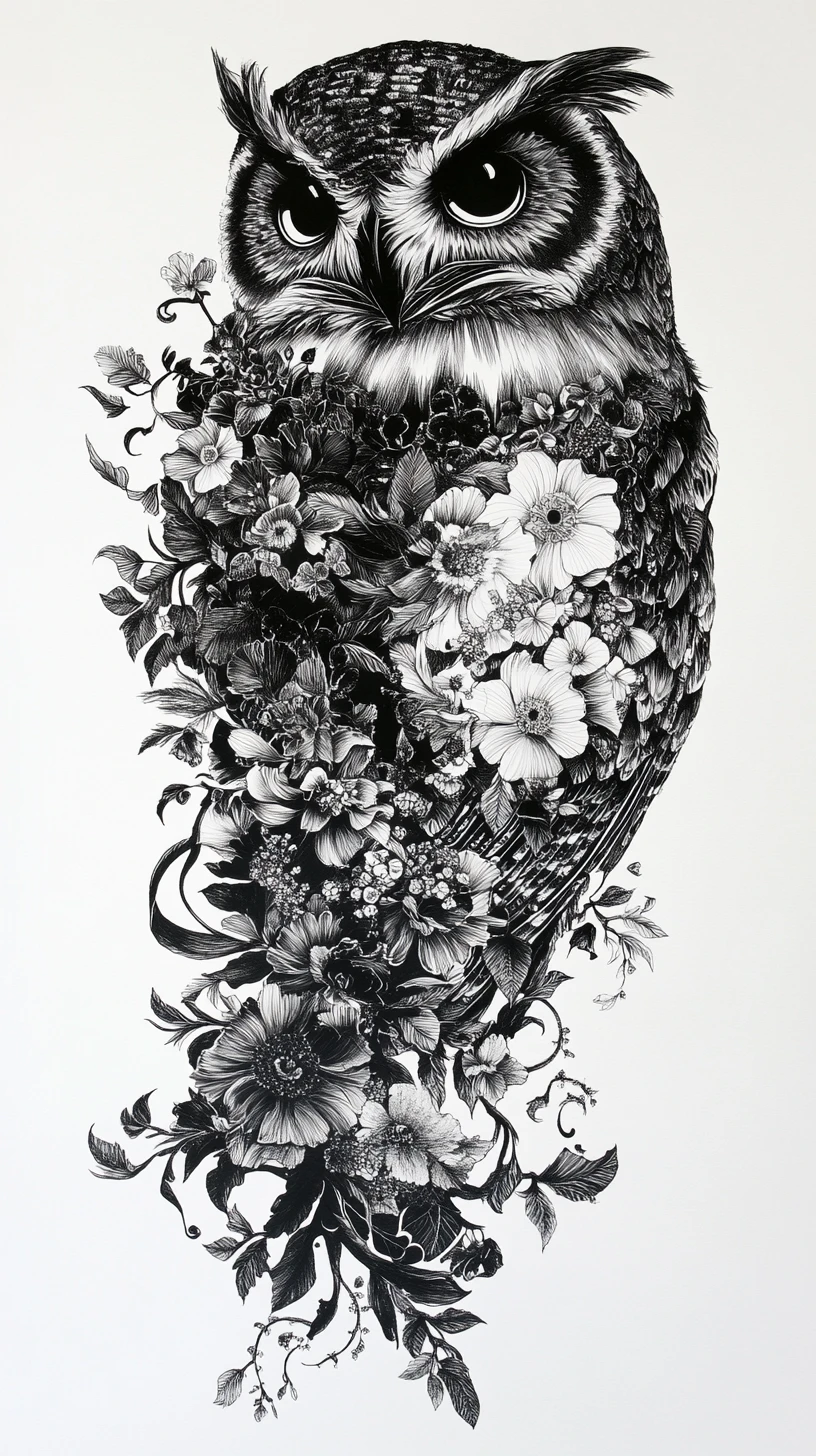 Illustration de Hibou à l’Encre Intricately Formée par des Éléments Floraux