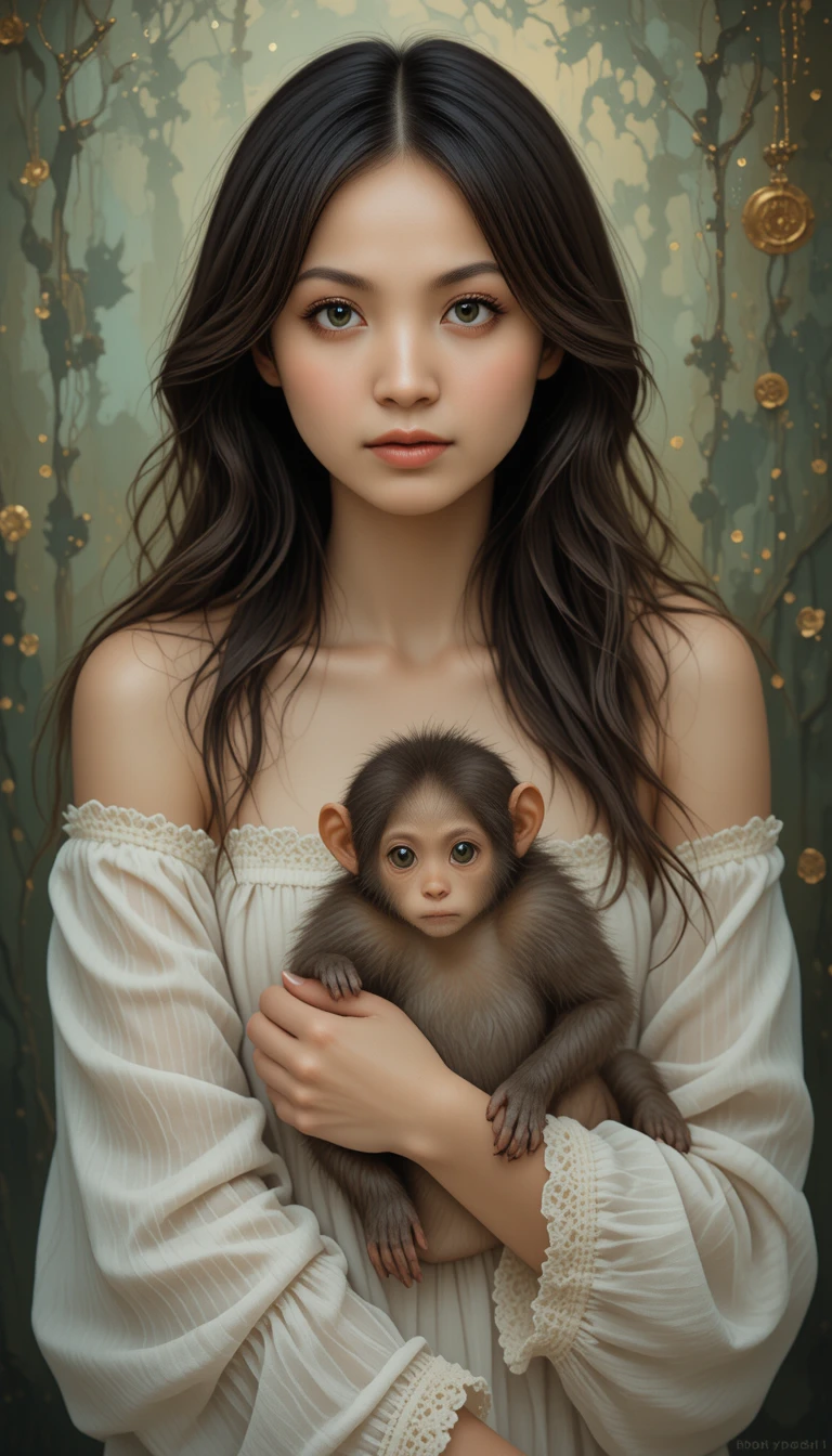 Jovem mulher segurando um pequeno macaco em luz quente e suave