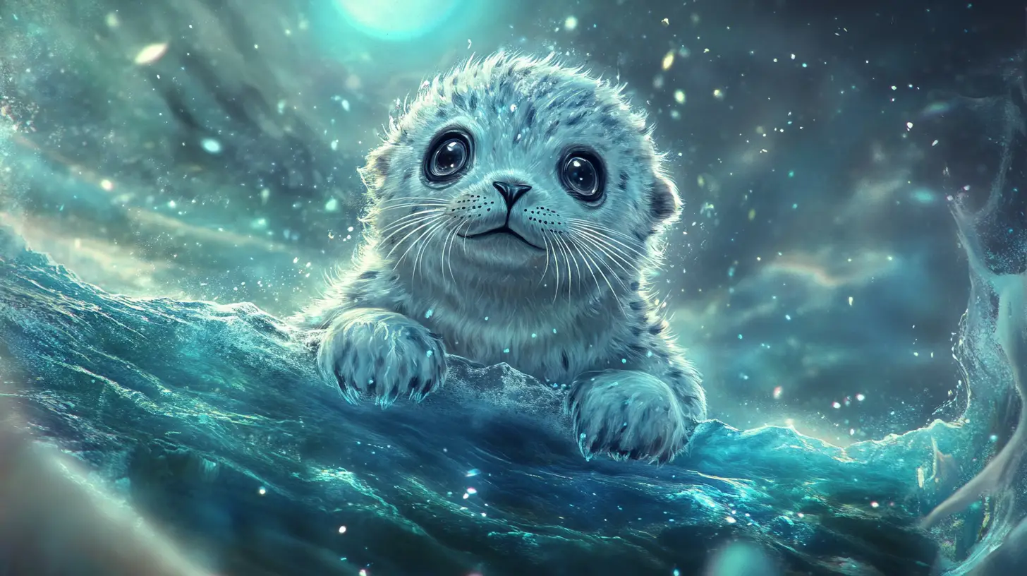 Baby seal on icy ledge under a magical moonlit sky