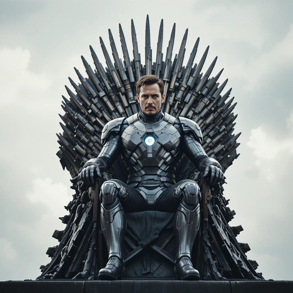Hombre de ciencia ficción blindado sentado en un trono de hierro medieval