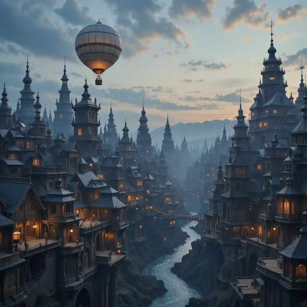 Surreal book built city with ink rivers at twilight sky