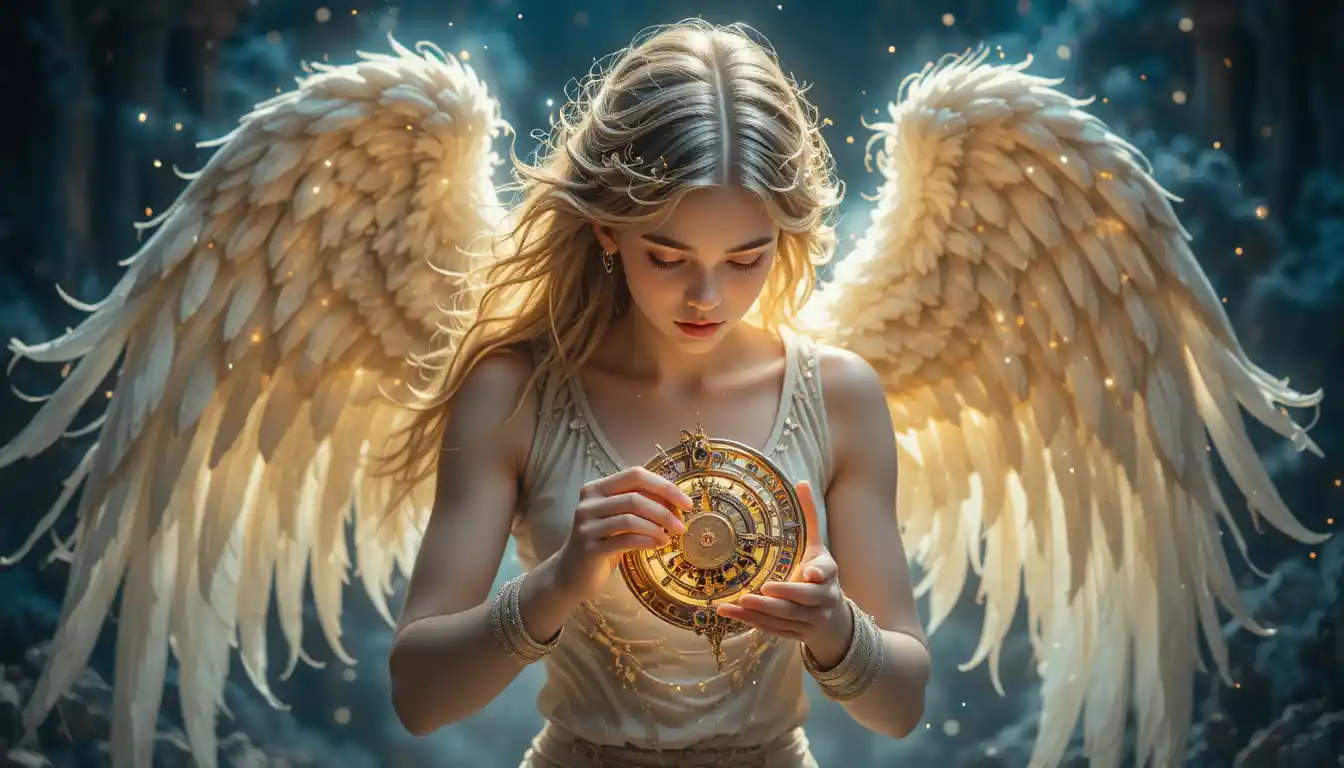 Angelo etereo che crea ingranaggi fluttuanti nel vuoto stellato