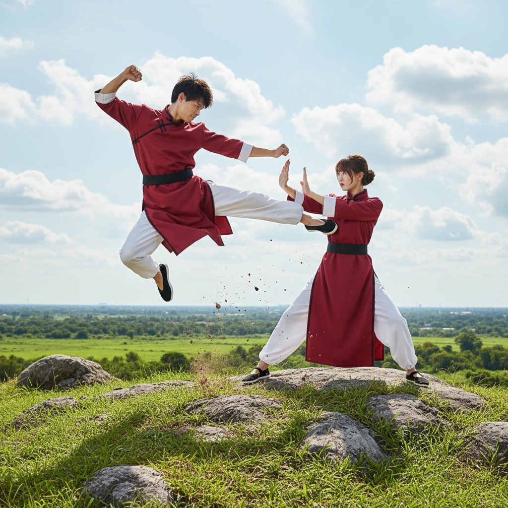 Homem e mulher de kung fu lutando em uma colina rochosa e gramada