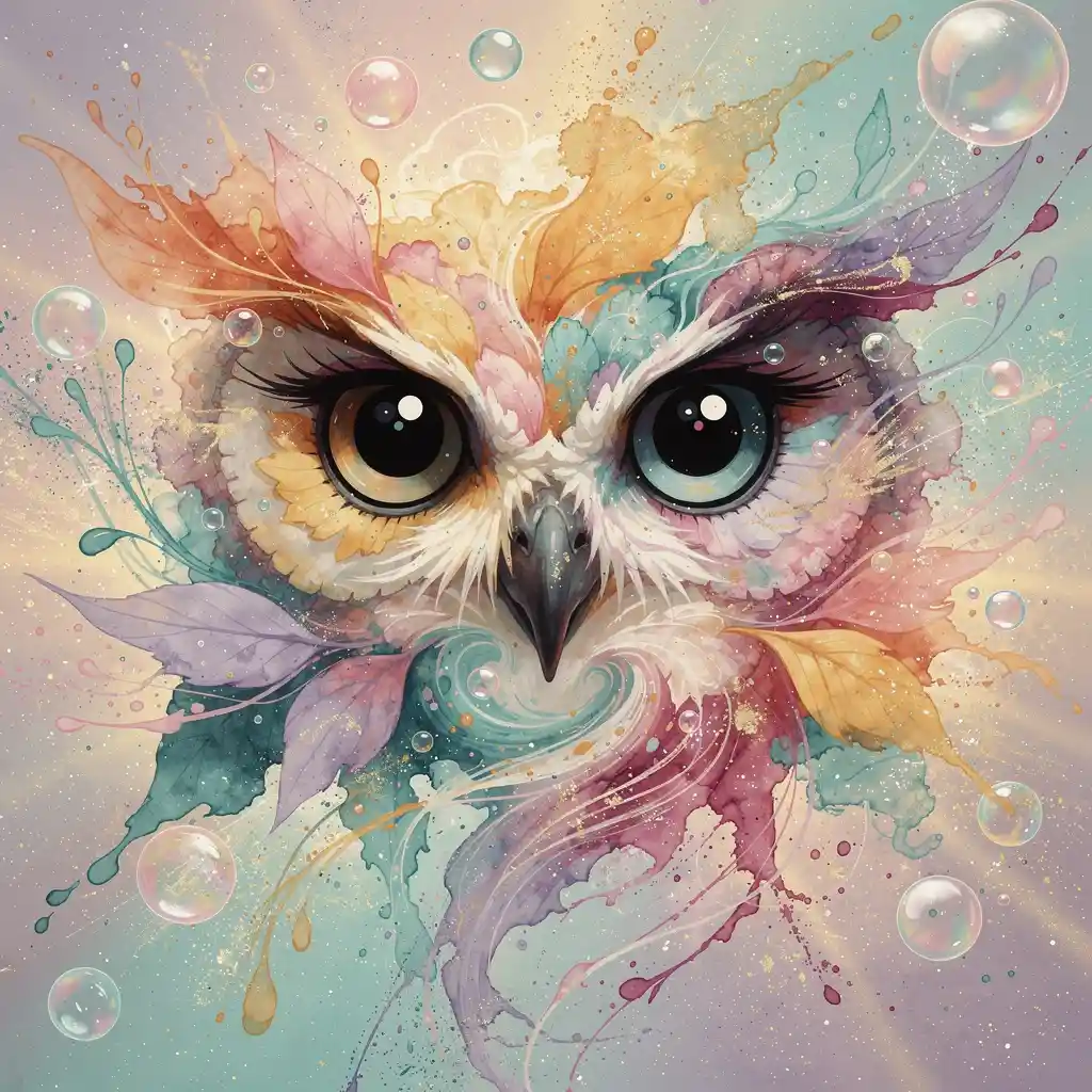 Abstract owl face in vibrant flowing pastel ink splashes