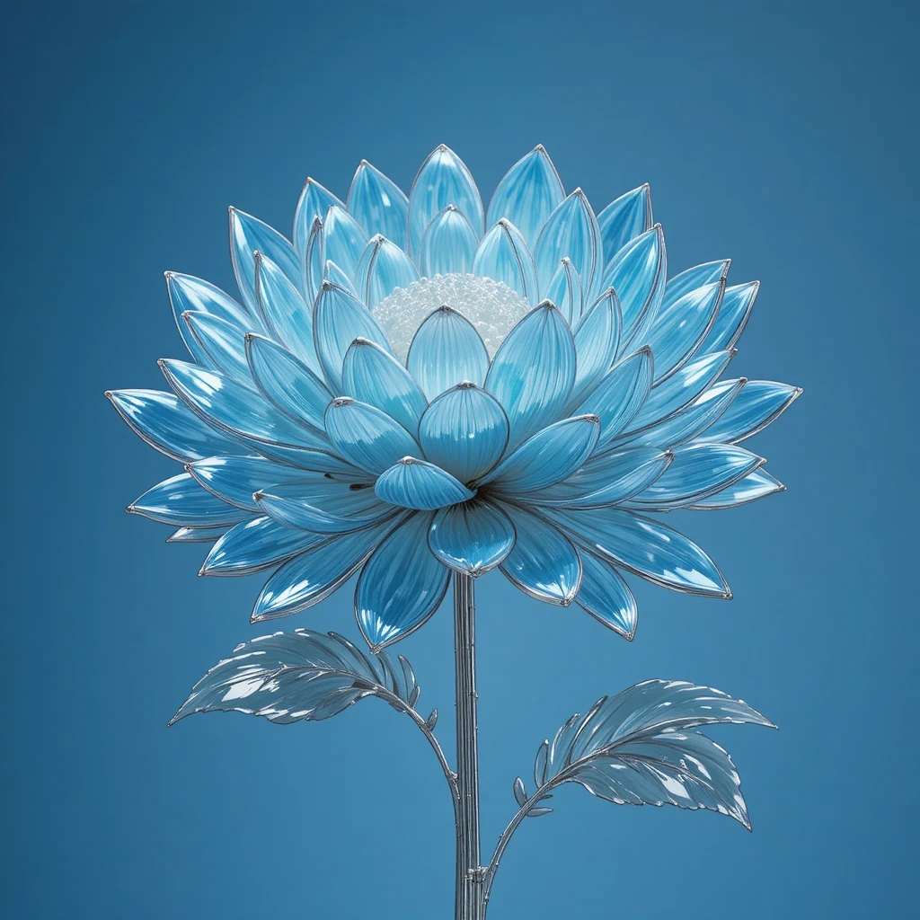 Glass chrysanthemum with silver edged leaves on blue background
