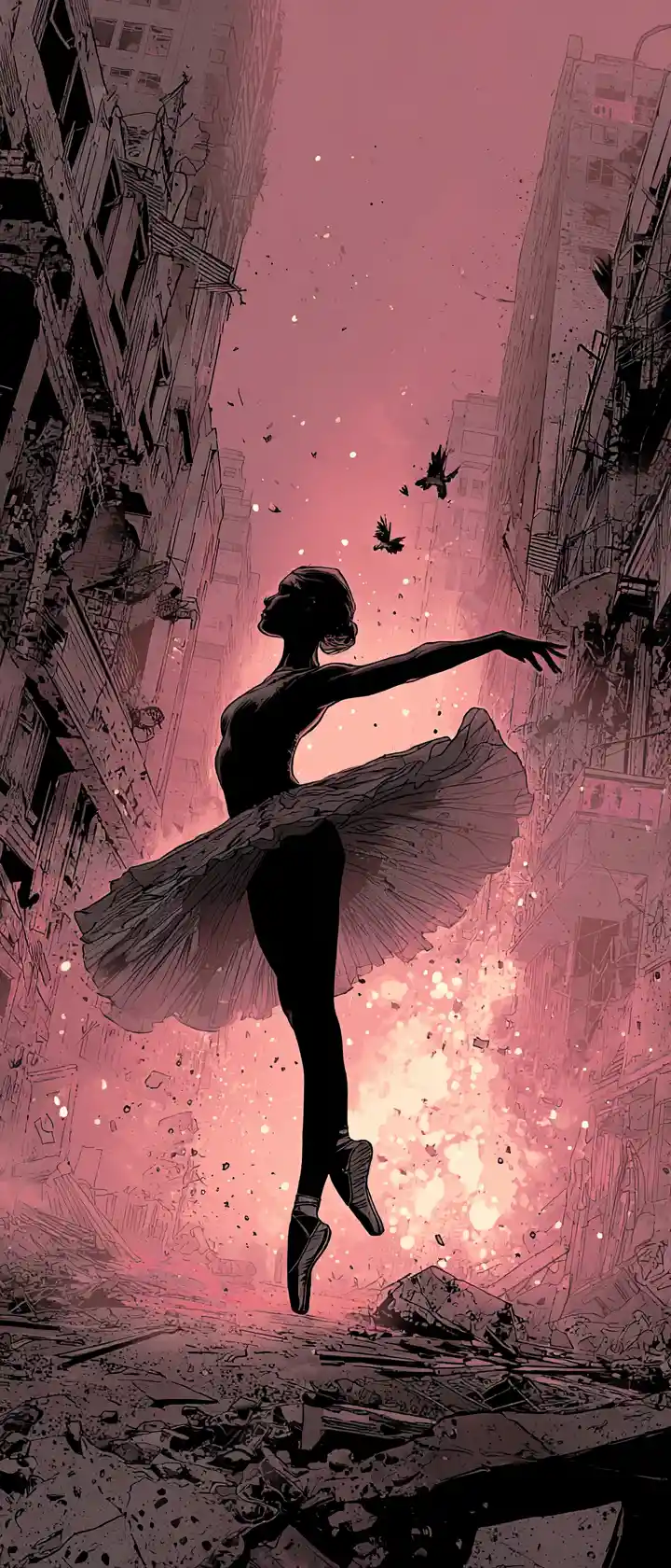 Young ballerina pirouette in a ruined monochrome city