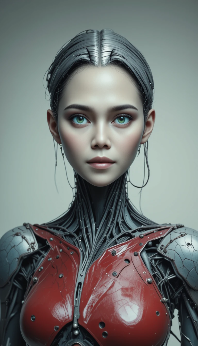 Robô humanóide futurista com pele de porcelana e olhos verdes