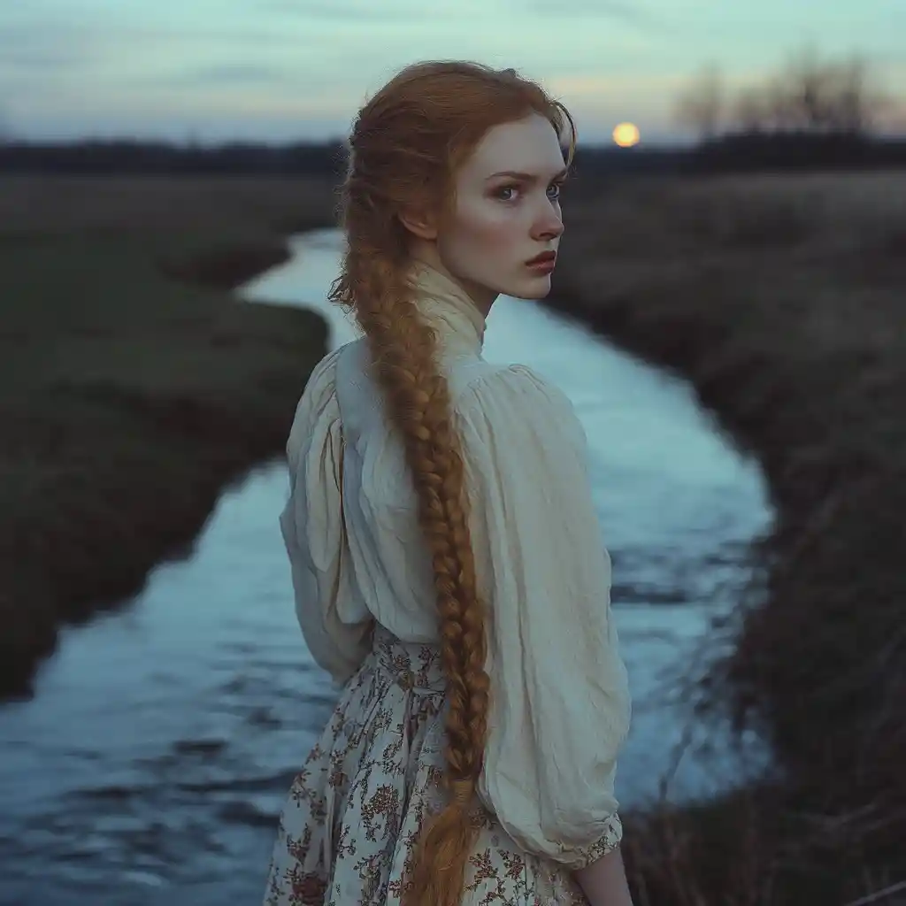 Girl standing by a moonlit river with braided golden hair