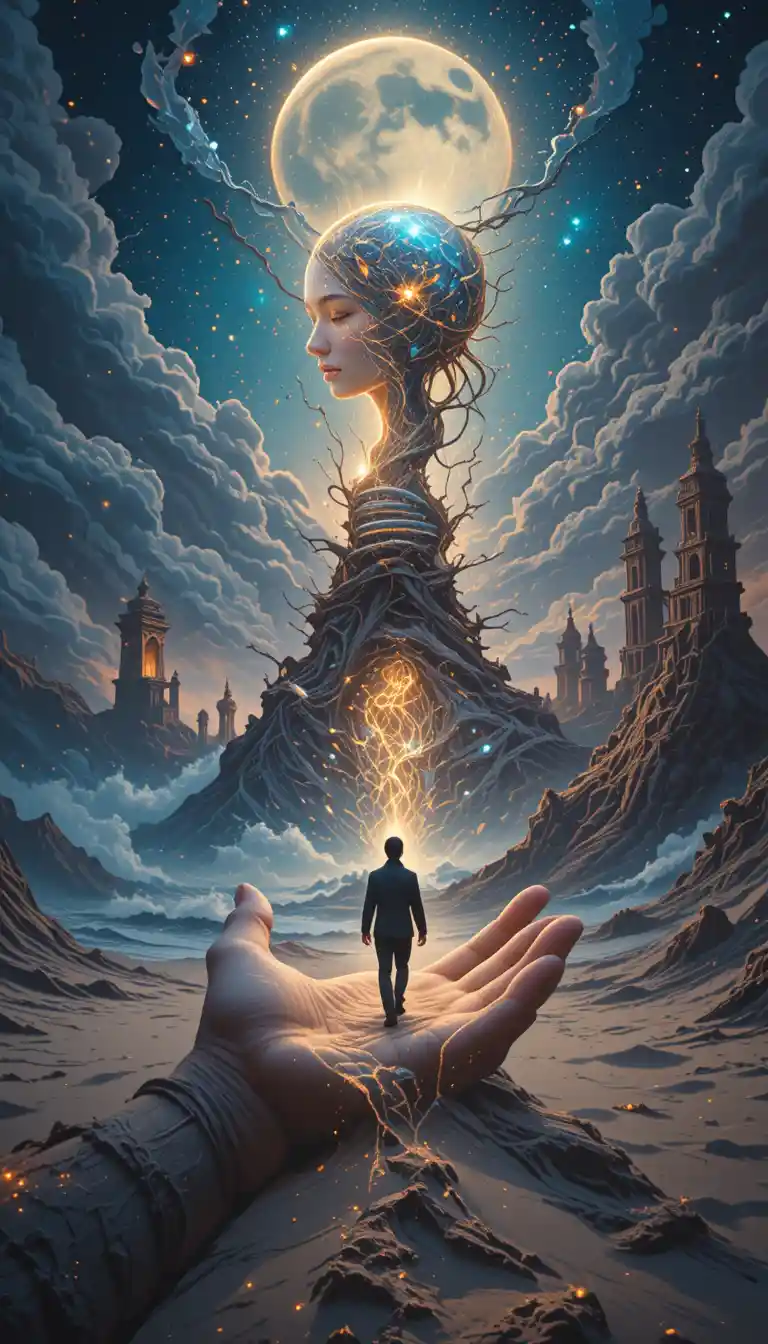 Surreal glowing light bulb world cradled in a human hand