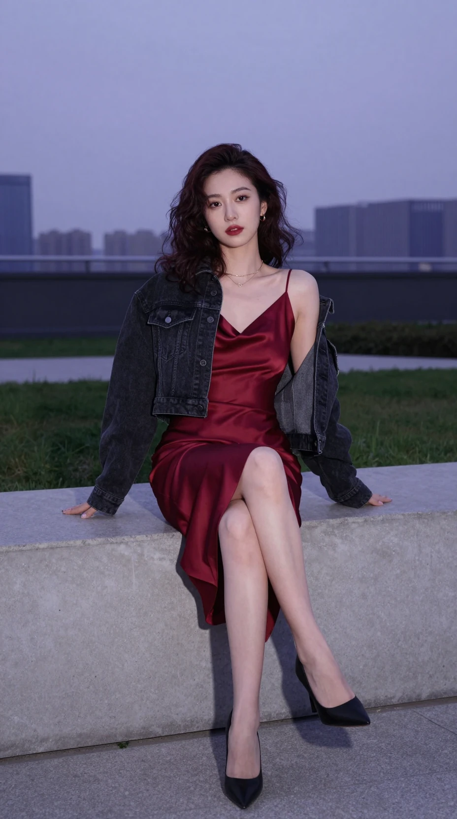 Femme en robe nuisette rouge assise au-dessus d’un parc urbain