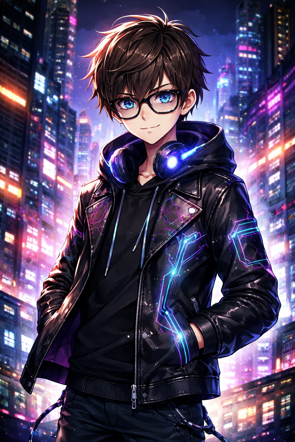 Anime boy in neon cyberpunk city with glowing jacket