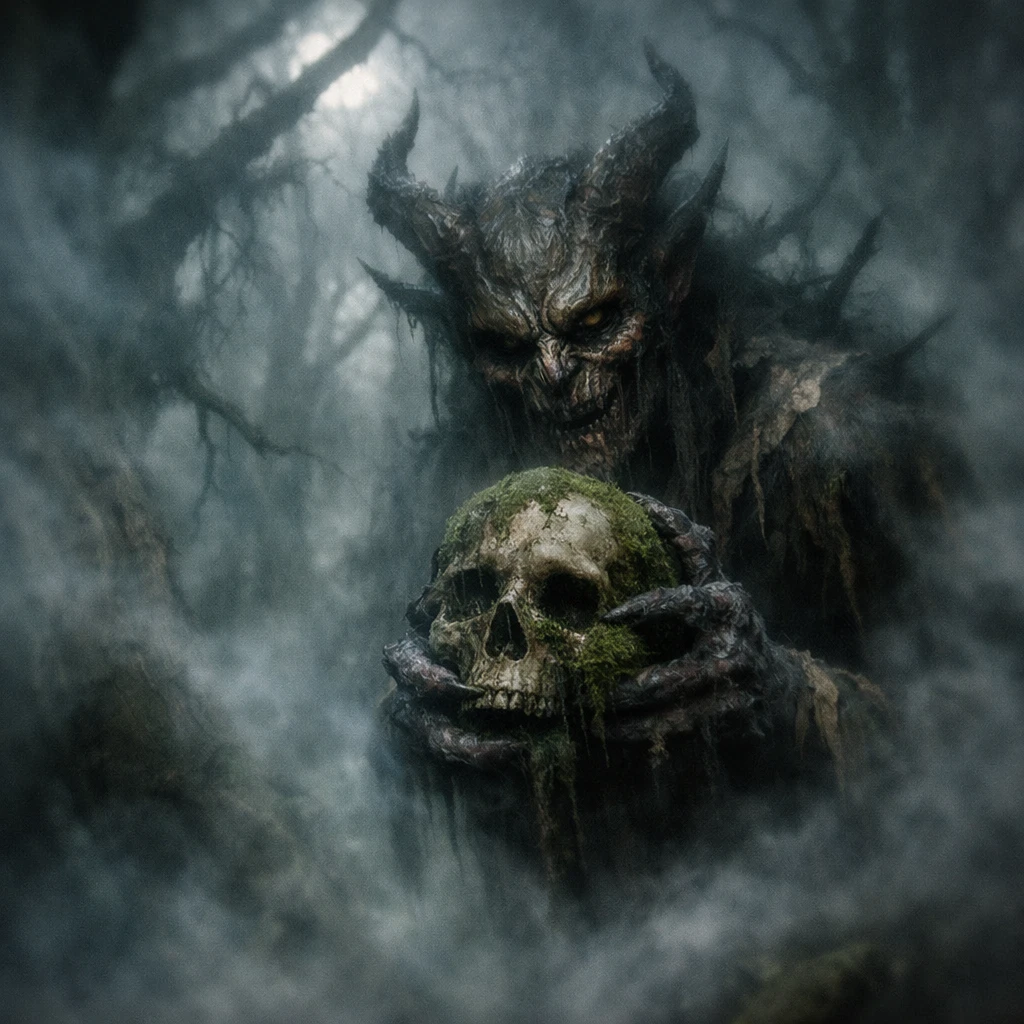 Dämon mit moosbedecktem Schädel in einem mondbeschienenen Wald