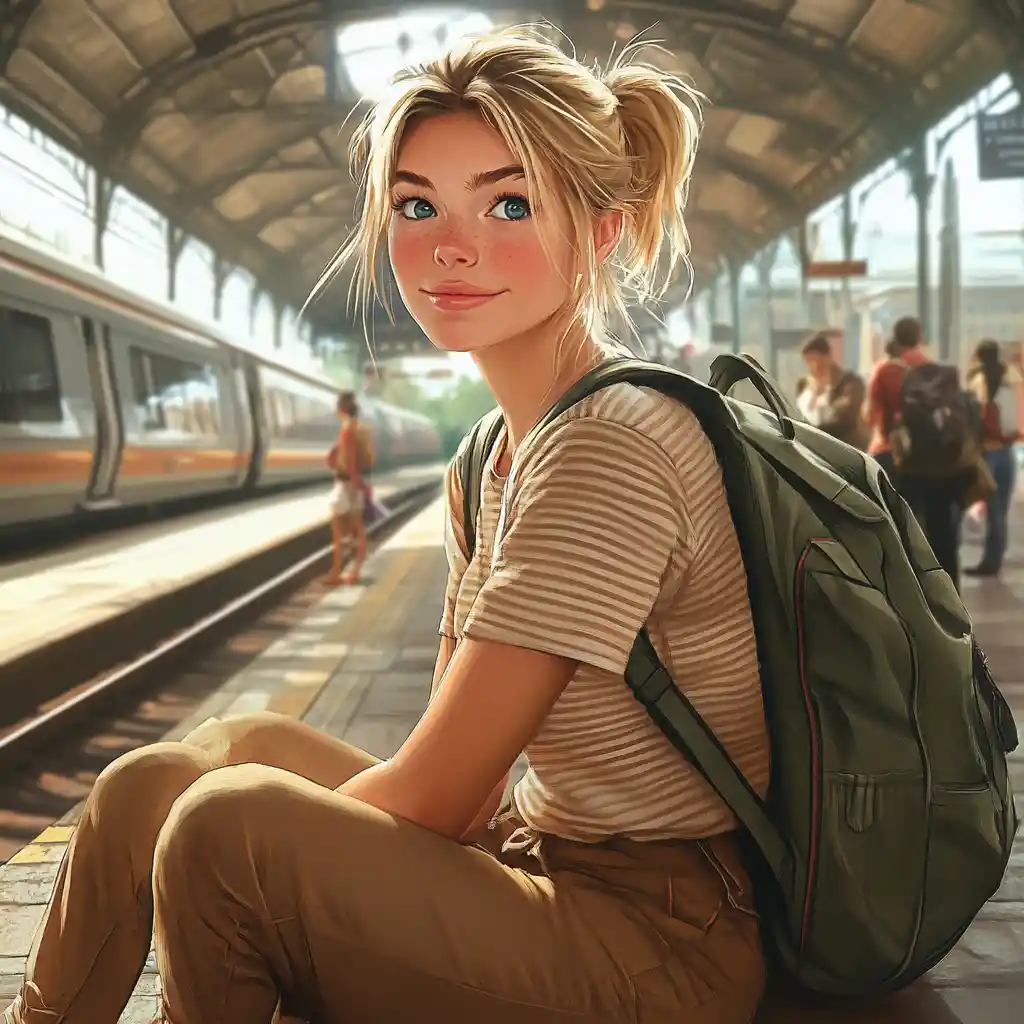 Smiling blonde girl waiting at a busy train station