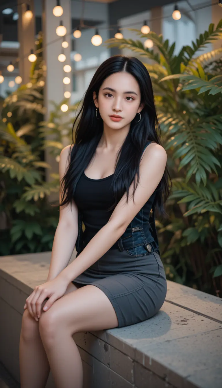 Stylish woman seated on concrete bench with string lights
