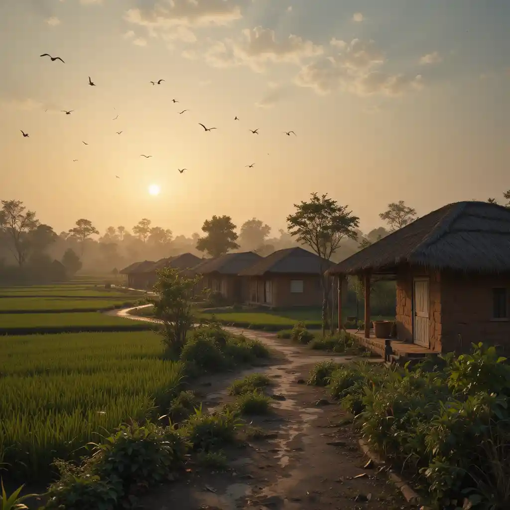 Peaceful Indian village houses at sunrise with open fields