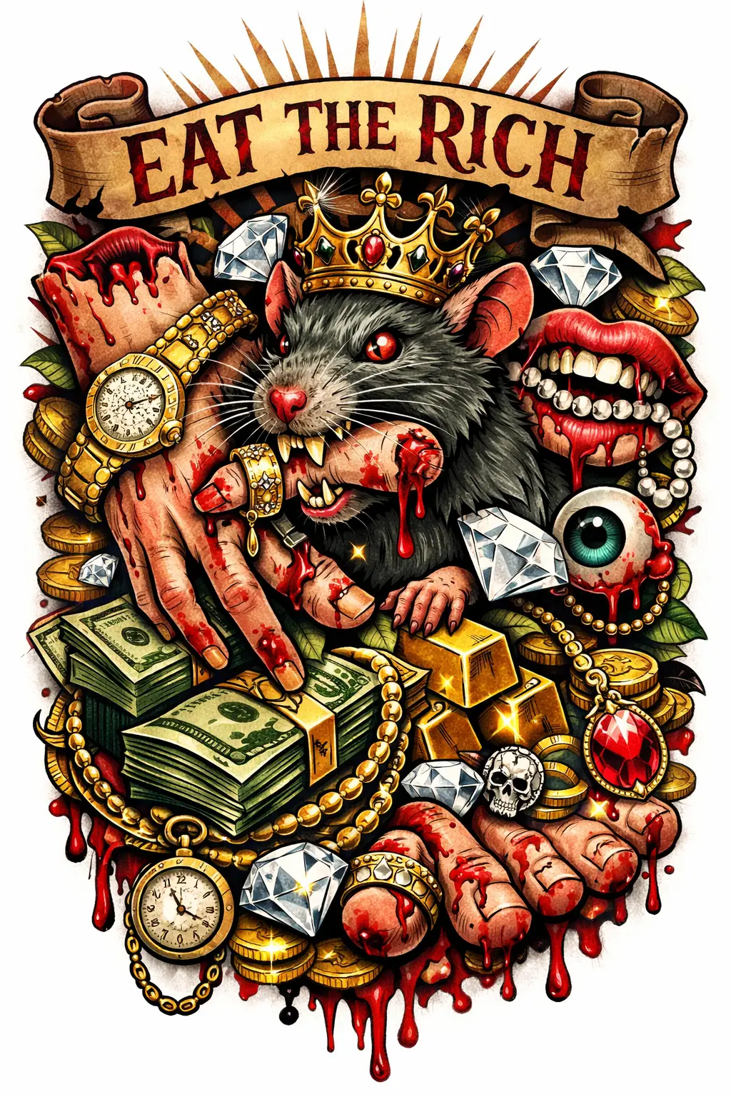 Neo-Tattoo-Design mit Geld, Gold und abgetrennten Körperteilen
