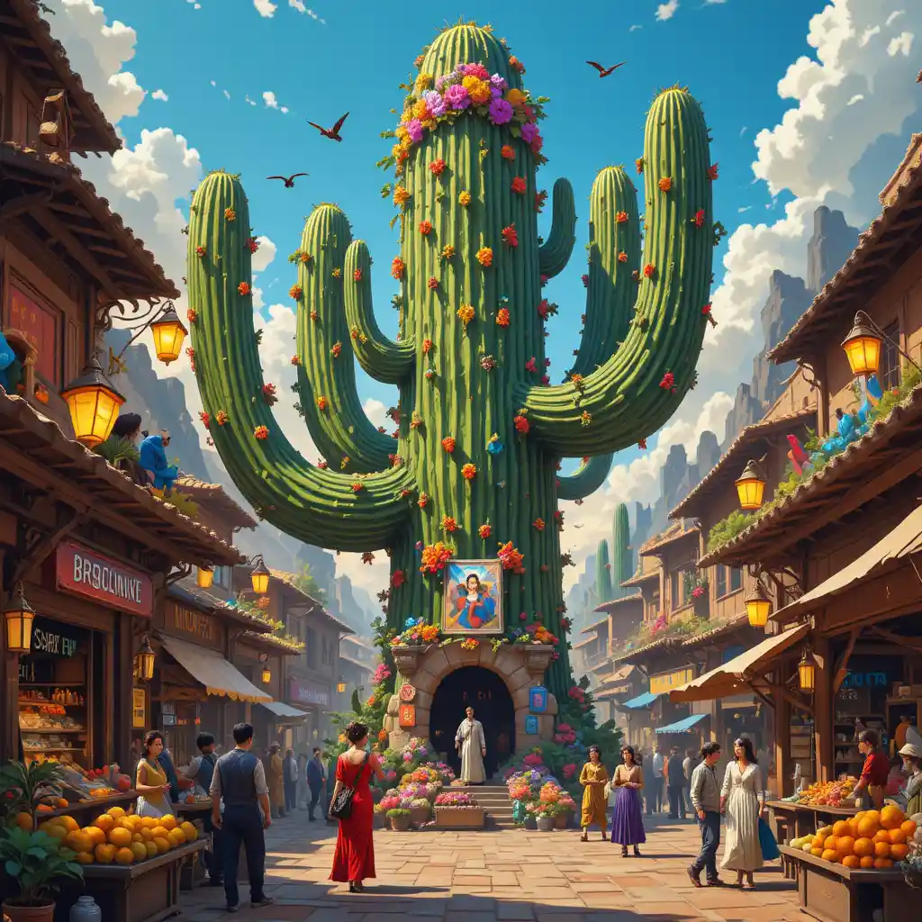 Gigantesco cactus del deserto guardiano in un vivace mercato soleggiato