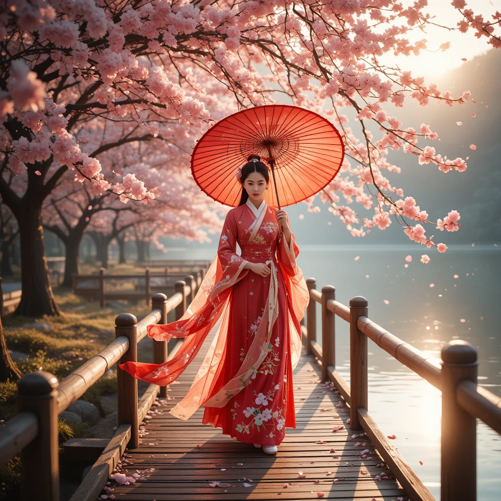 Mujer con hanfu rojo caminando con paraguas junto al lago