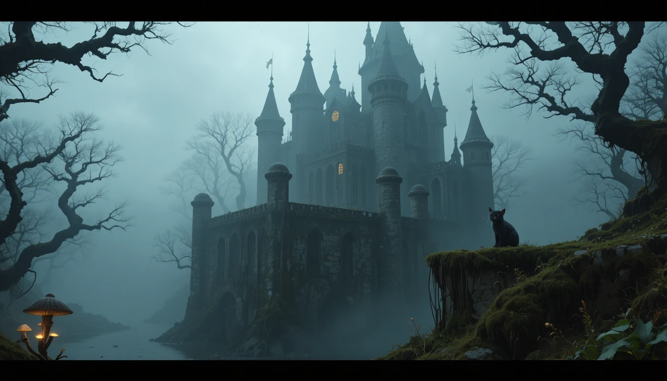 Ancien château dans un marais brumeux avec chaton spectral