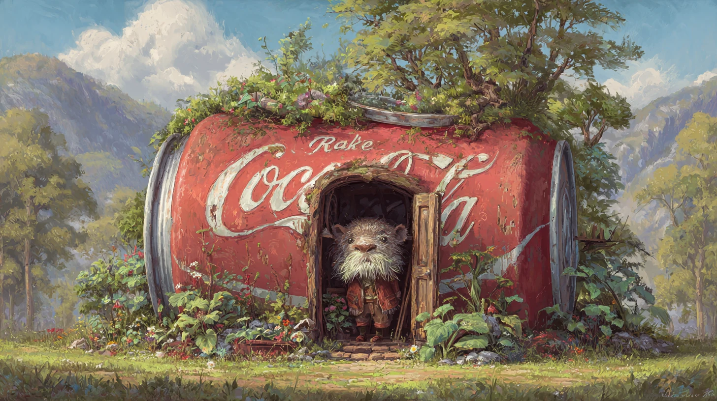 Vintage cola can home with bearded creature and garden