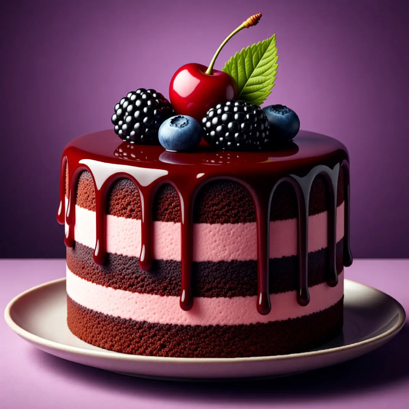 Geschichtete Schokoladen- und rosa Torte mit glänzendem Beerentopping