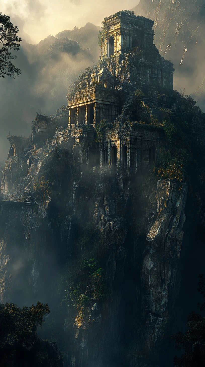Ancient mountain temple ruin above an eerie dark forest