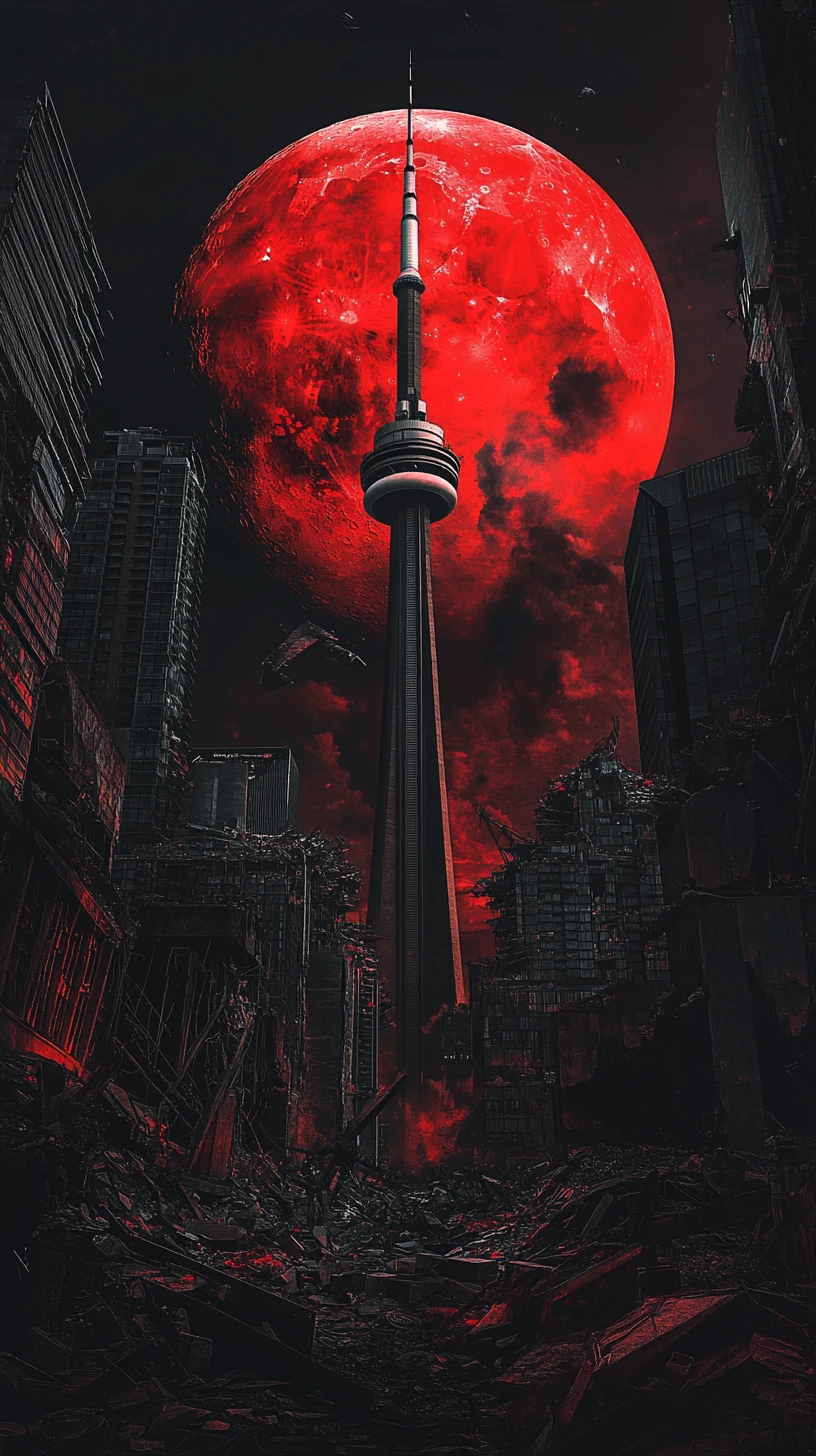 Ruinas Apocalípticas de Toronto con Torre y Luna Carmesí