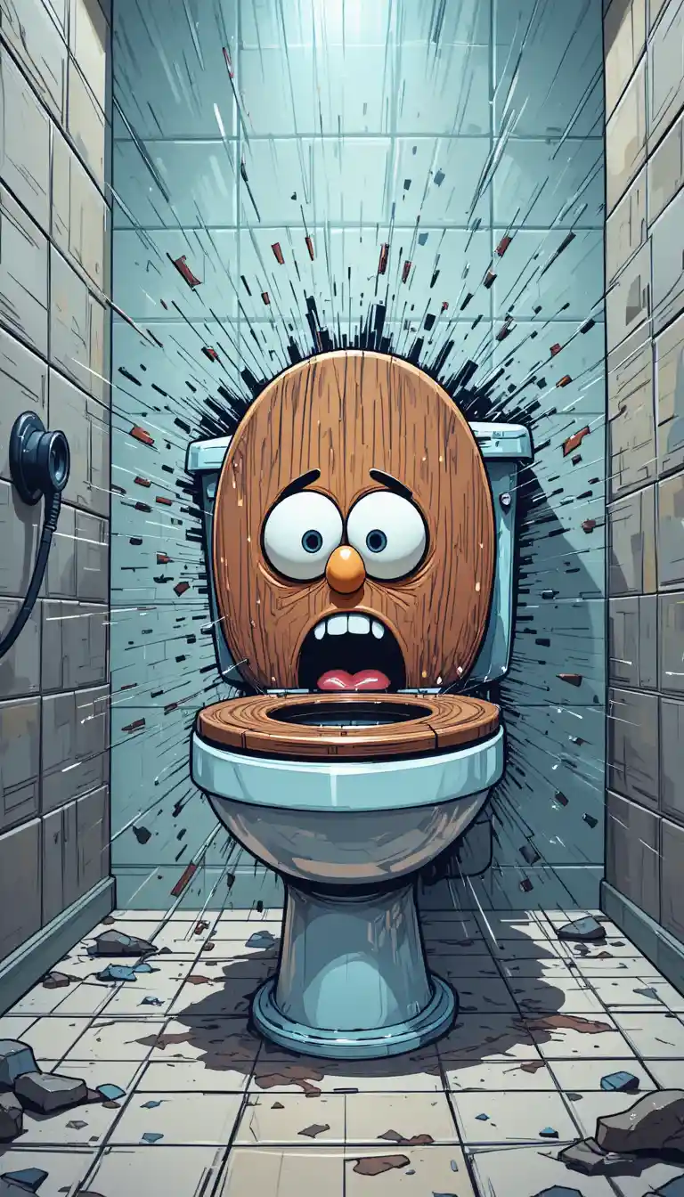 Cartoon Toilet With Flying Wooden Lid And Shocked Expression
