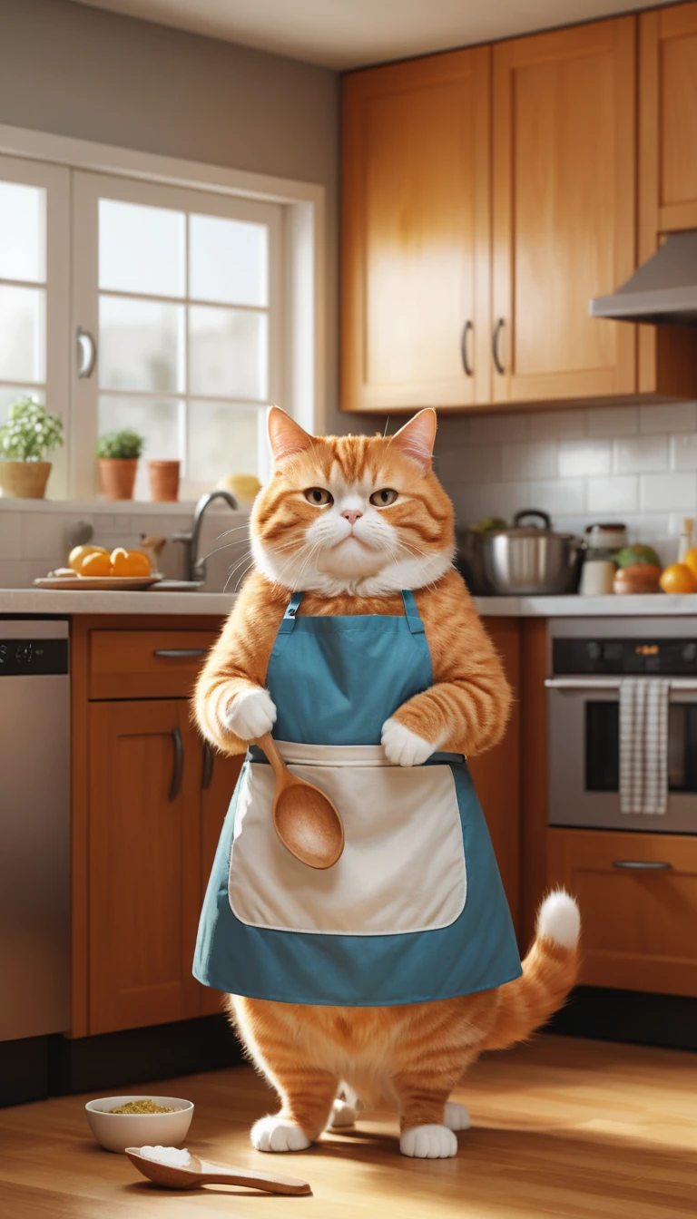 Gato laranja gordinho cozinhando em uma cozinha moderna e aconchegante