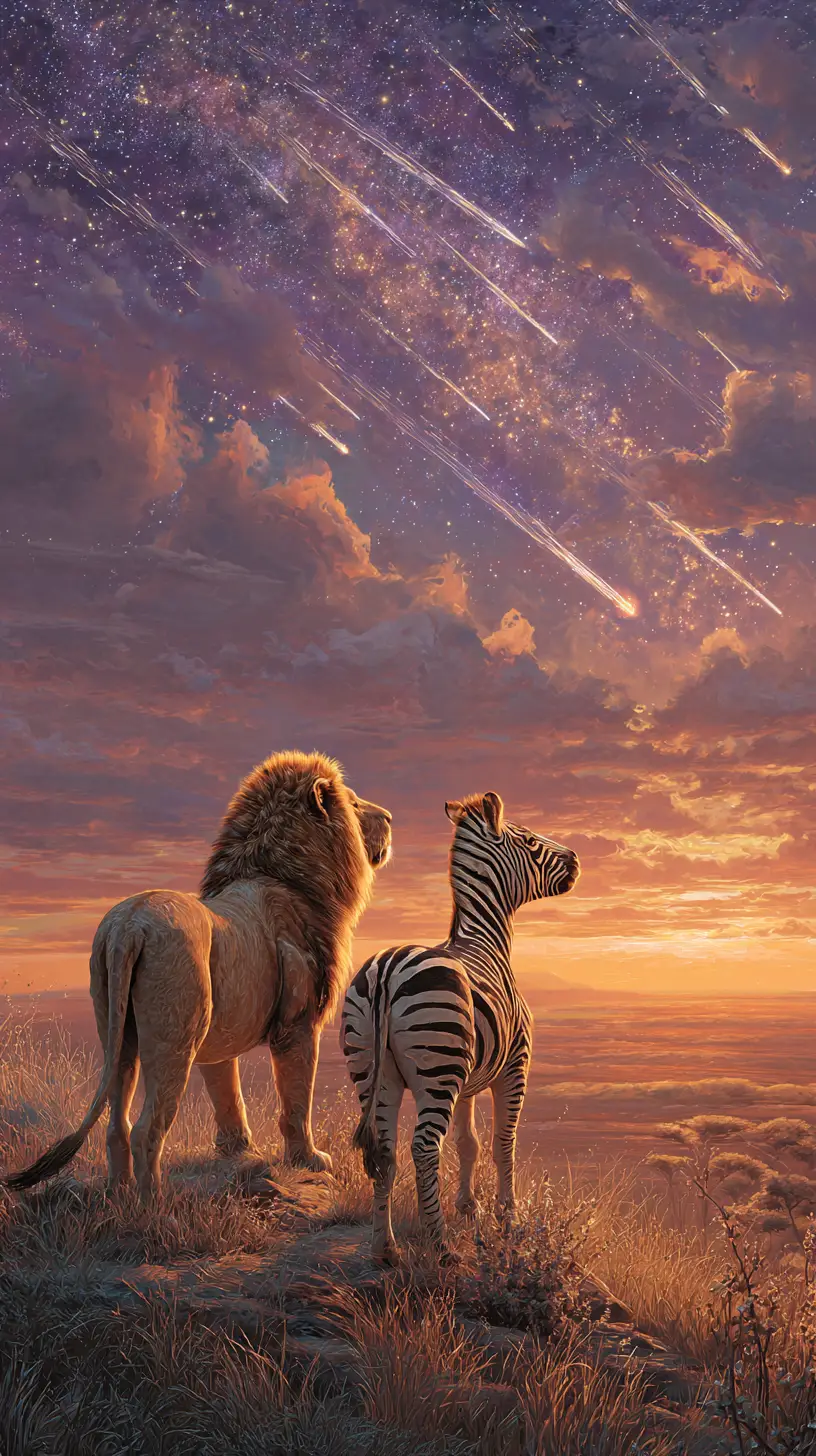 獅子與斑馬在黎明觀賞流星雨
