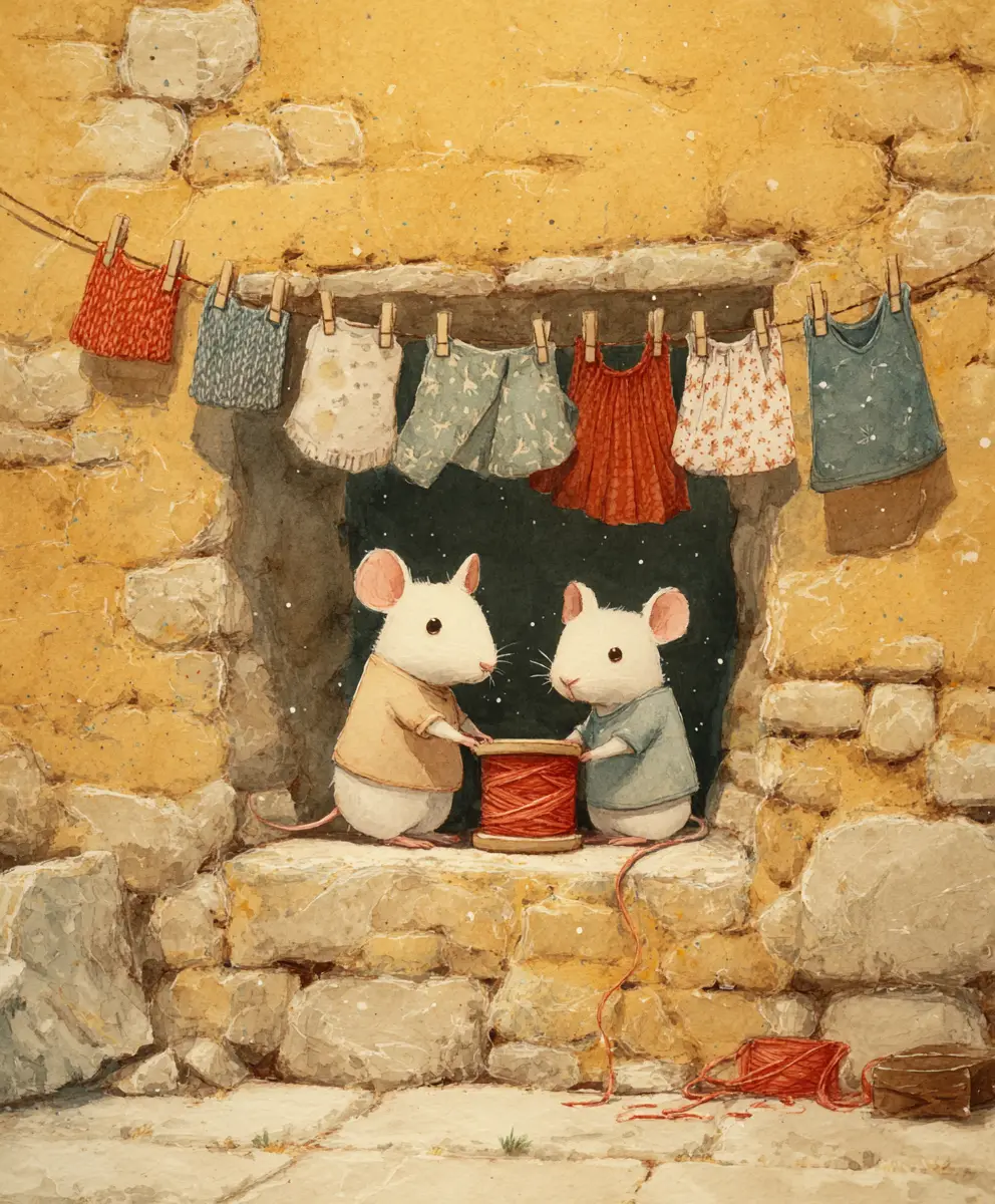 Deux petites souris étendent le linge dans une maison douillette