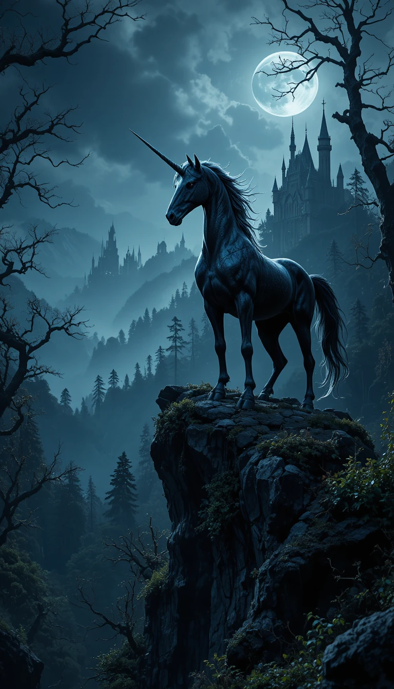 Maestoso unicorno su una scogliera sopra una foresta fantasy illuminata dalla luna