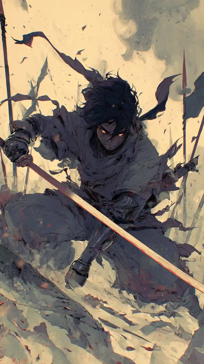 Guerreiro de anime solitário com espada em campo de batalha arruinado